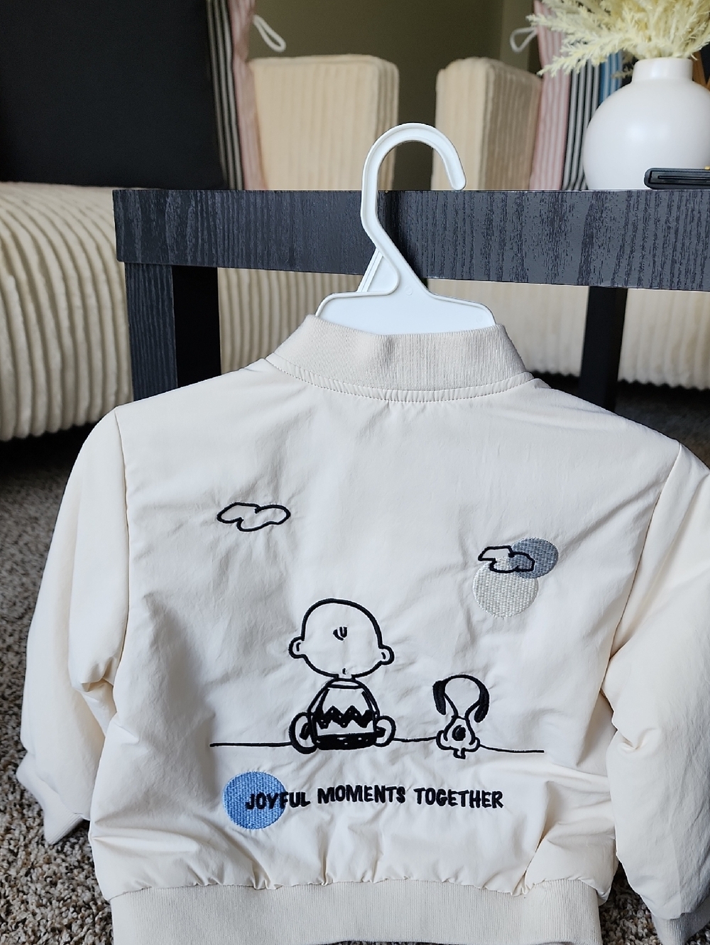 Zara Cream Kids Bomber Jacket with Black Embroidered Cartoon